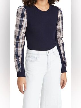 Veronica Beard Mixed Media Adler Sweater Navy and Plaid Size S